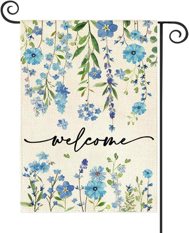 Baccessor summer garden flag with blue floral design welcomes guests outdoors.