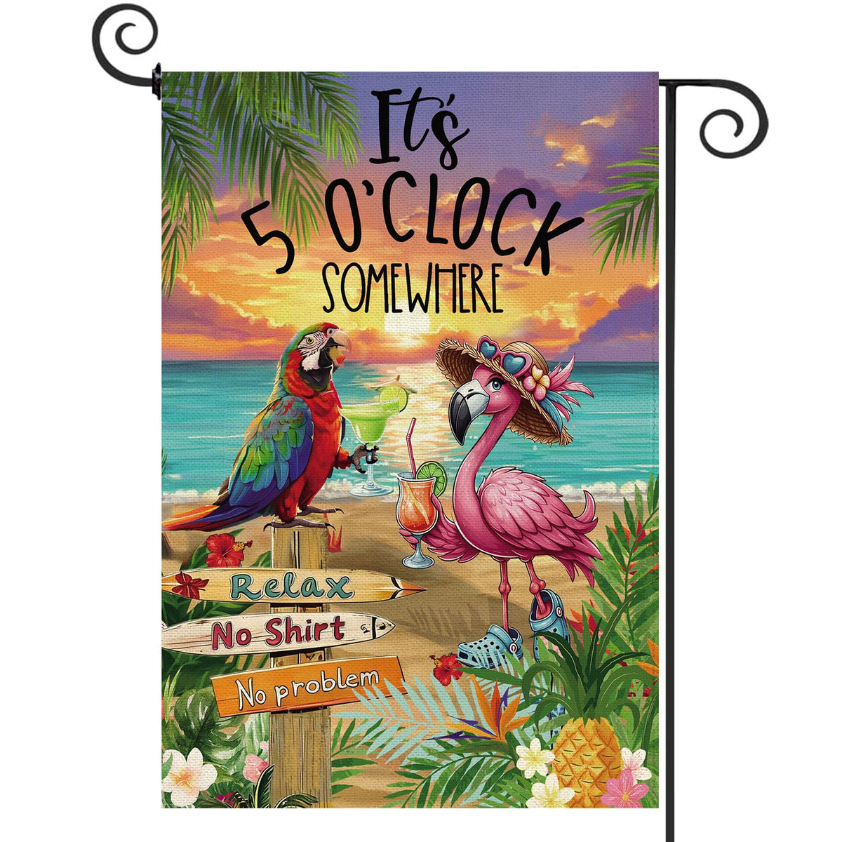 Baccessor flamingo garden flag front view highlights a vibrant outdoors welcome.