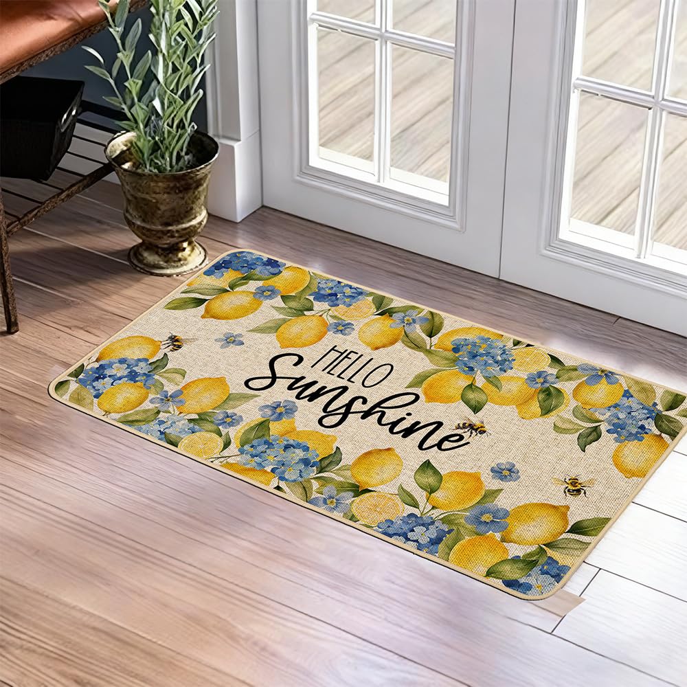 Baccessor Lemon Doormat blue yellow floral close-up for entryways.
