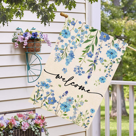 Baccessor summer welcome flag blue floral back view for visibility from all angles.