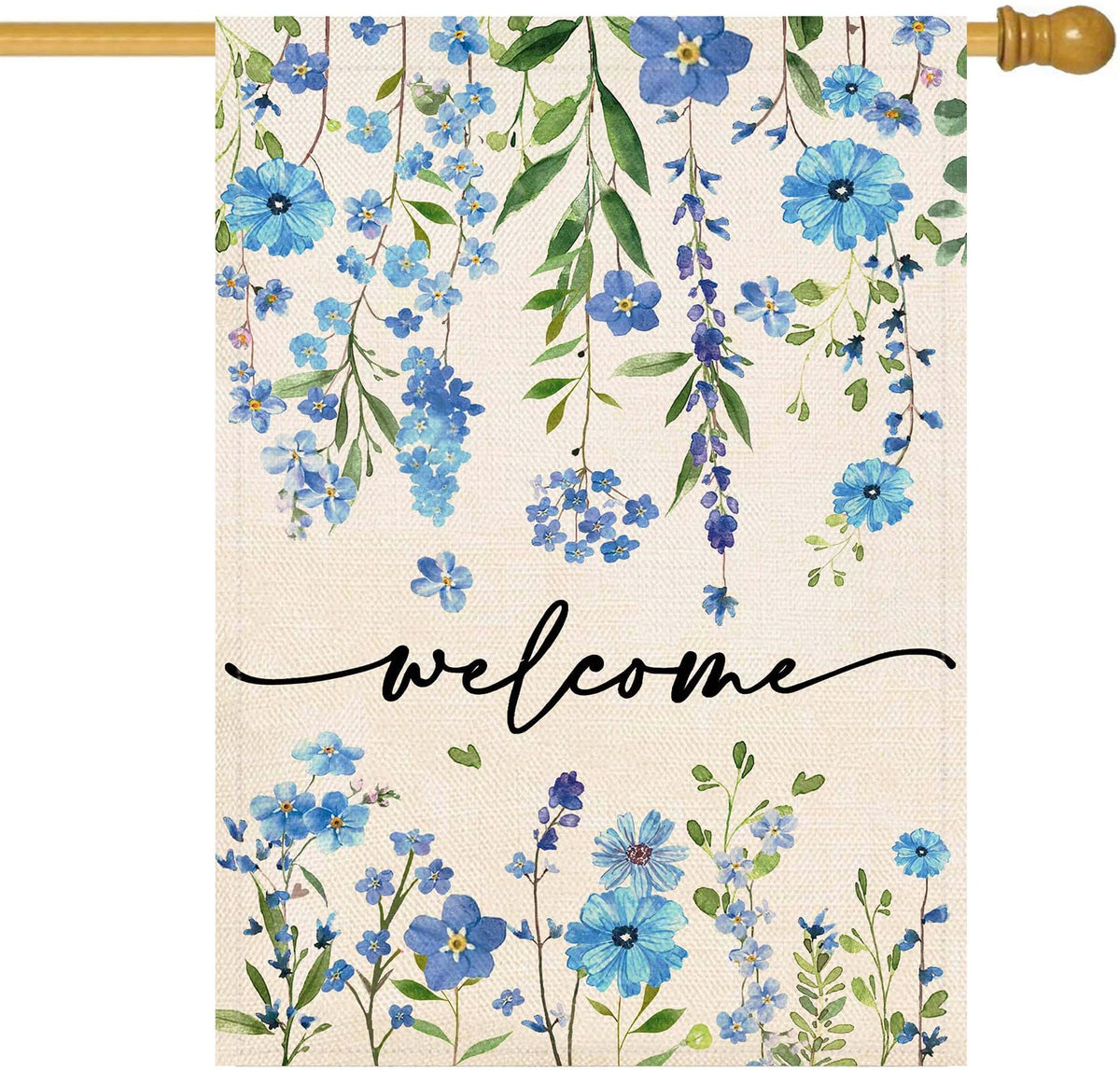 Baccessor summer welcome flag blue floral front view for outdoor garden decor.