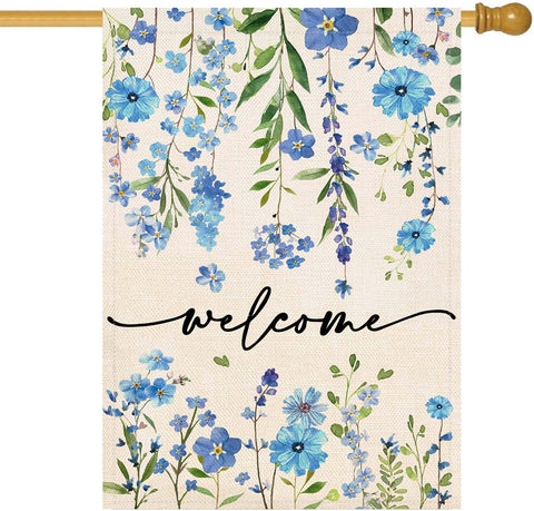 Baccessor summer welcome flag blue floral front view for outdoor garden decor.
