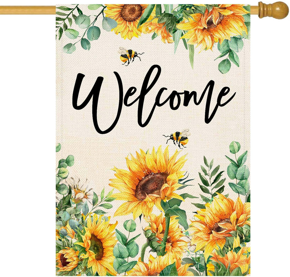 Baccessor sunflower flag front view with bee and eucalyptus for curb appeal.