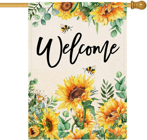 Baccessor sunflower flag front view with bee and eucalyptus for curb appeal.