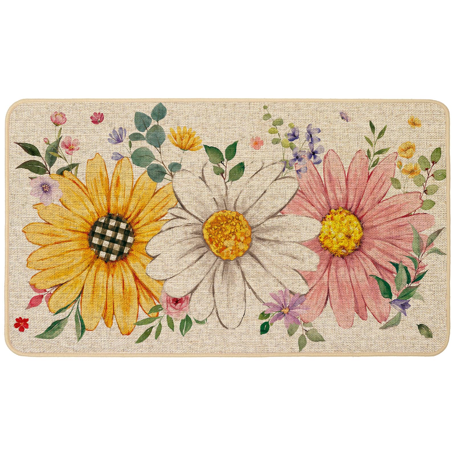 Baccessor sunflower and daisies doormat at entrance for welcoming seasonal style.