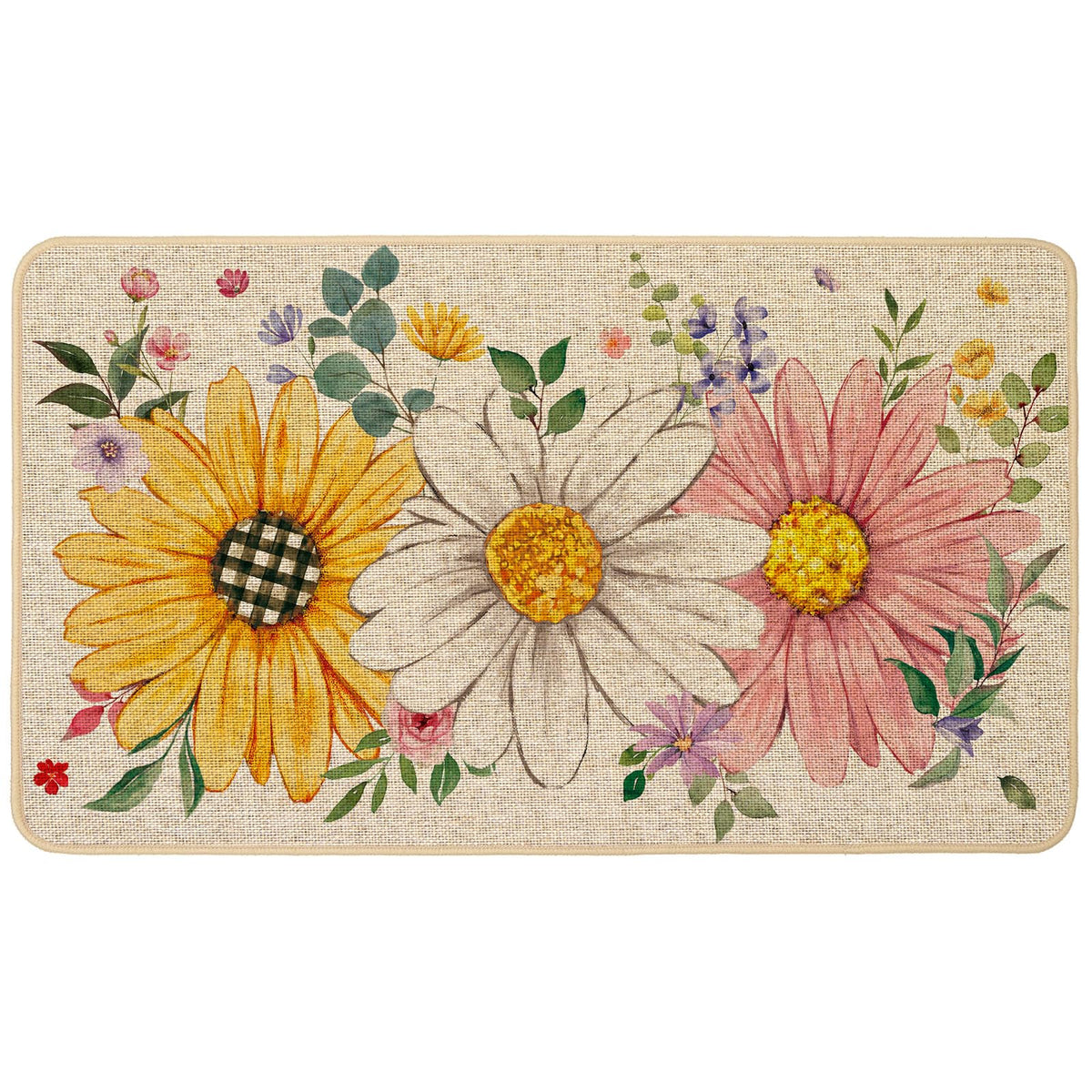 Baccessor sunflower and daisies doormat at entrance for welcoming seasonal style.
