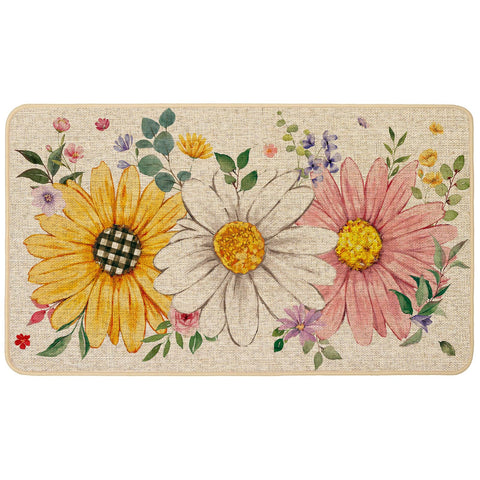 Baccessor sunflower and daisies doormat at entrance for welcoming seasonal style.