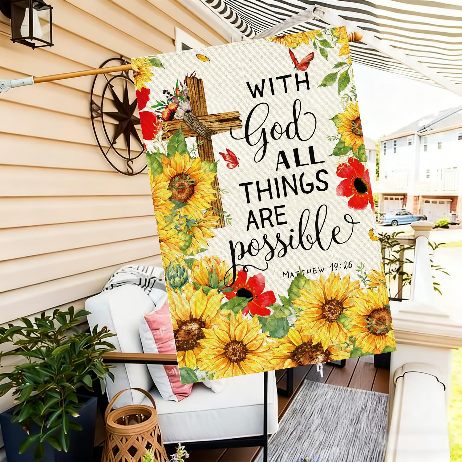 Christian motif on Baccessor sunflower flag visible from front