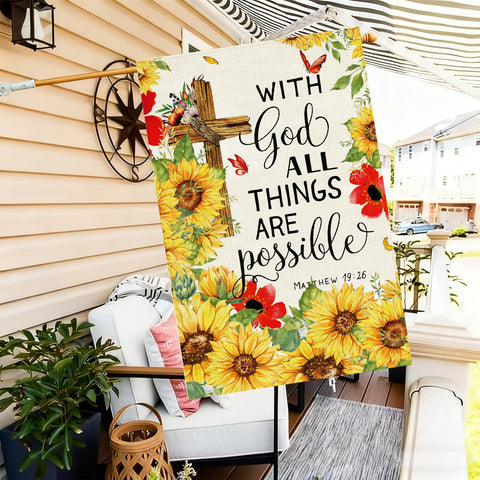 Christian motif on Baccessor sunflower flag visible from front