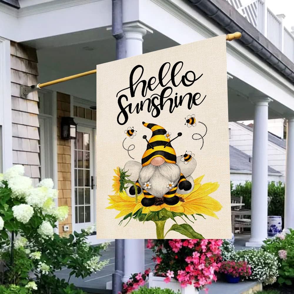 Baccessor sunflower gnome bee flag back view boosts porch charm.