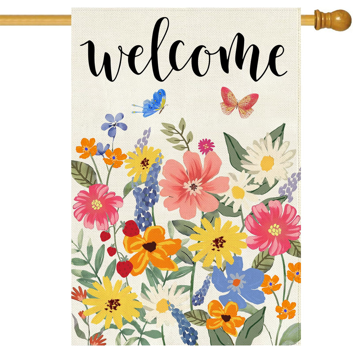 Baccessor welcome flag double-sided burlap with butterflies for porch decor.