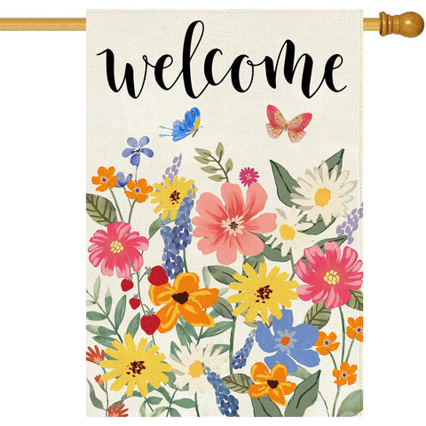 Baccessor welcome flag double-sided burlap with butterflies for porch decor.