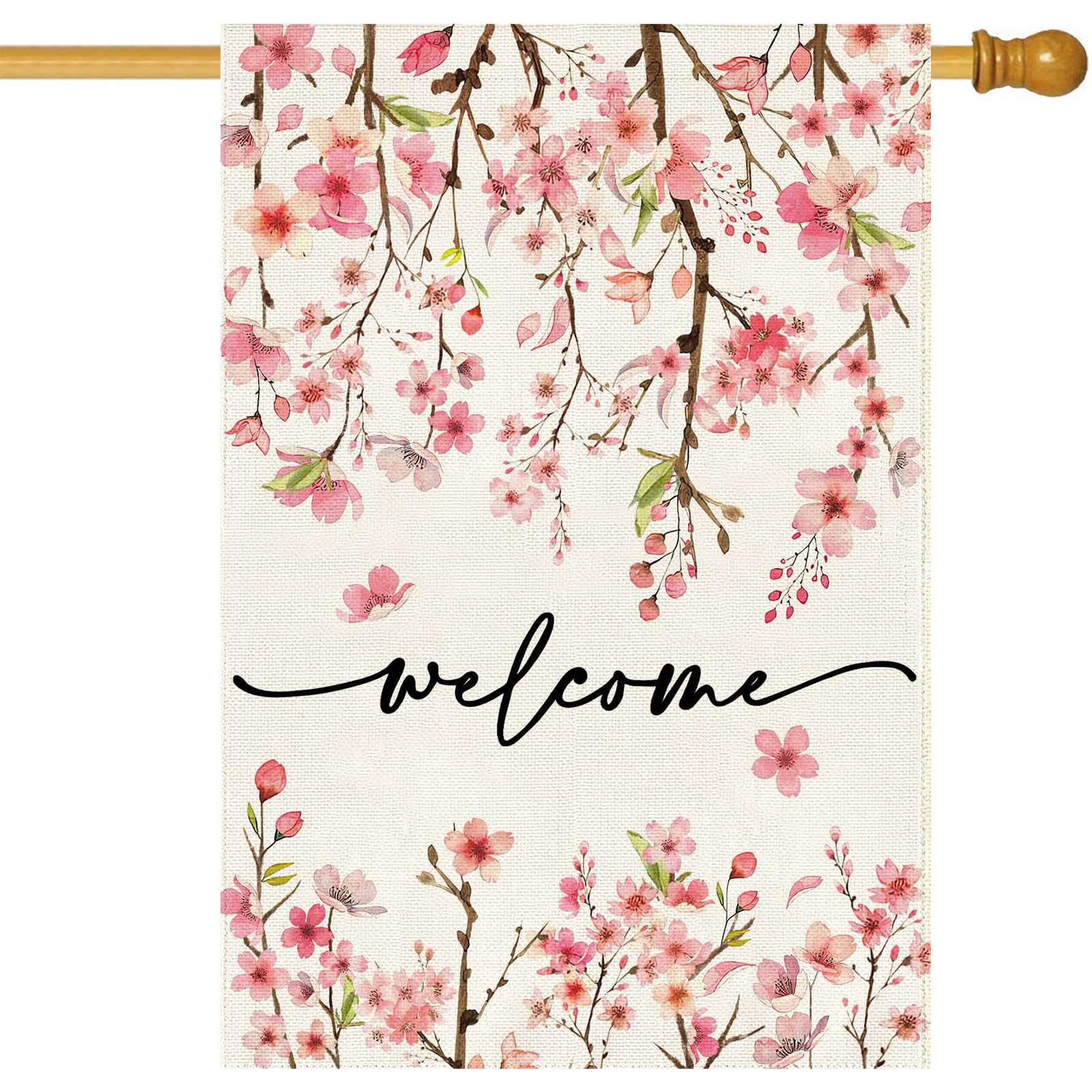 Baccessor welcome flag 28x40 with burlap pink floral design enhances curb appeal.