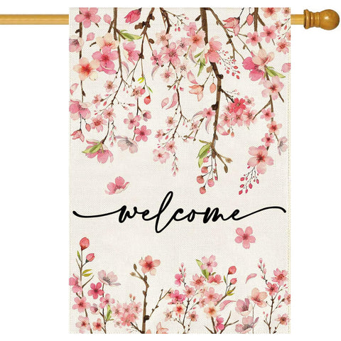 Baccessor welcome flag 28x40 with burlap pink floral design enhances curb appeal.