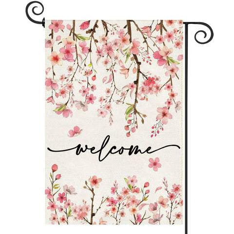 Baccessor pink floral welcome flag, double-sided visibility for garden guests