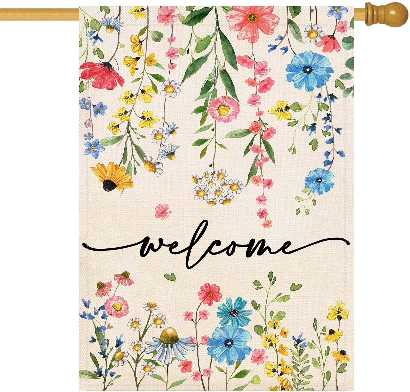 Baccessor welcome floral flag front view showing double-sided print for outdoor visibility.