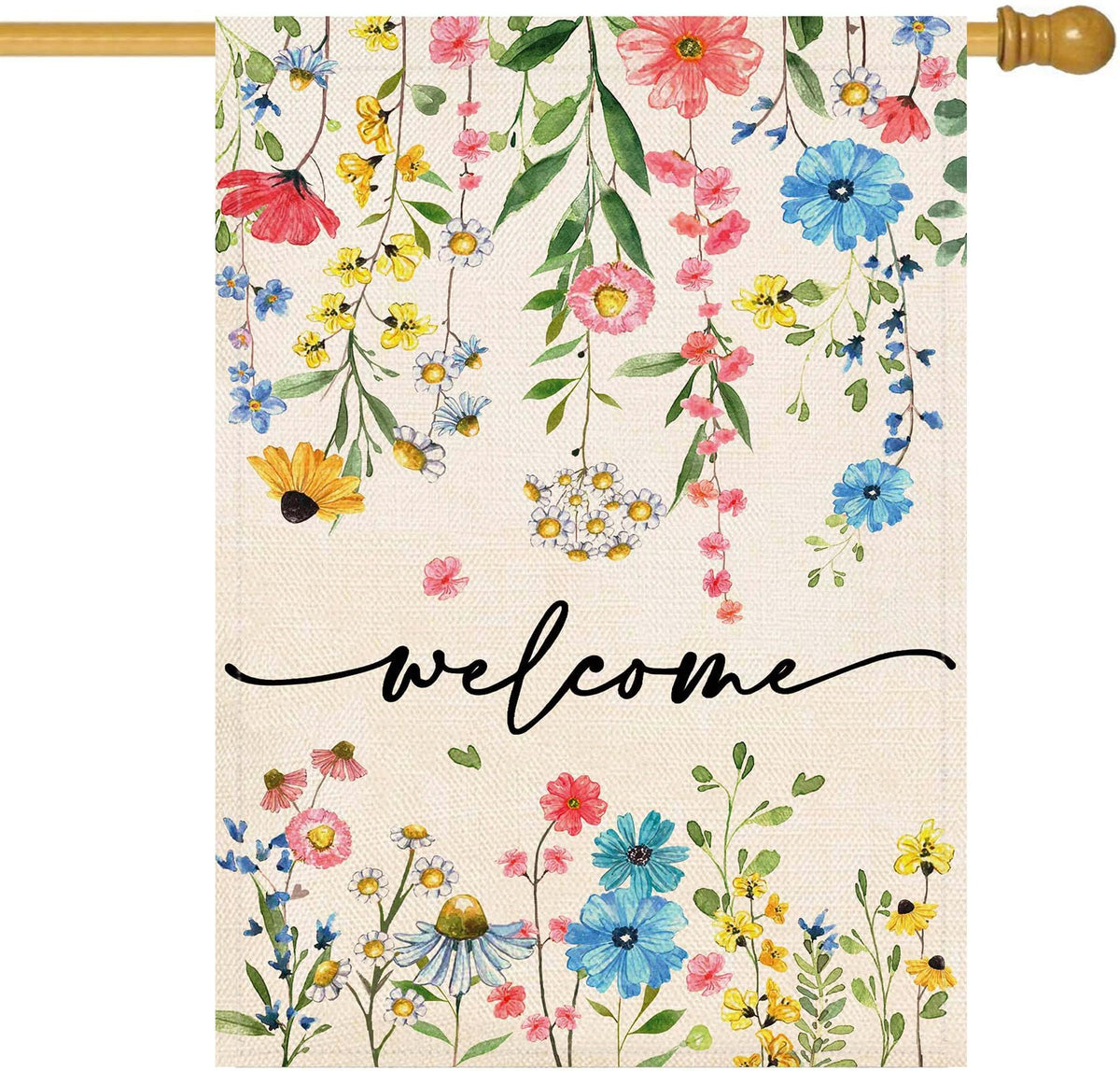 Baccessor welcome floral flag front view showing double-sided print for outdoor visibility.