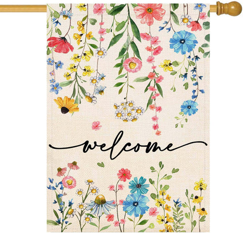 Baccessor welcome floral flag front view showing double-sided print for outdoor visibility.
