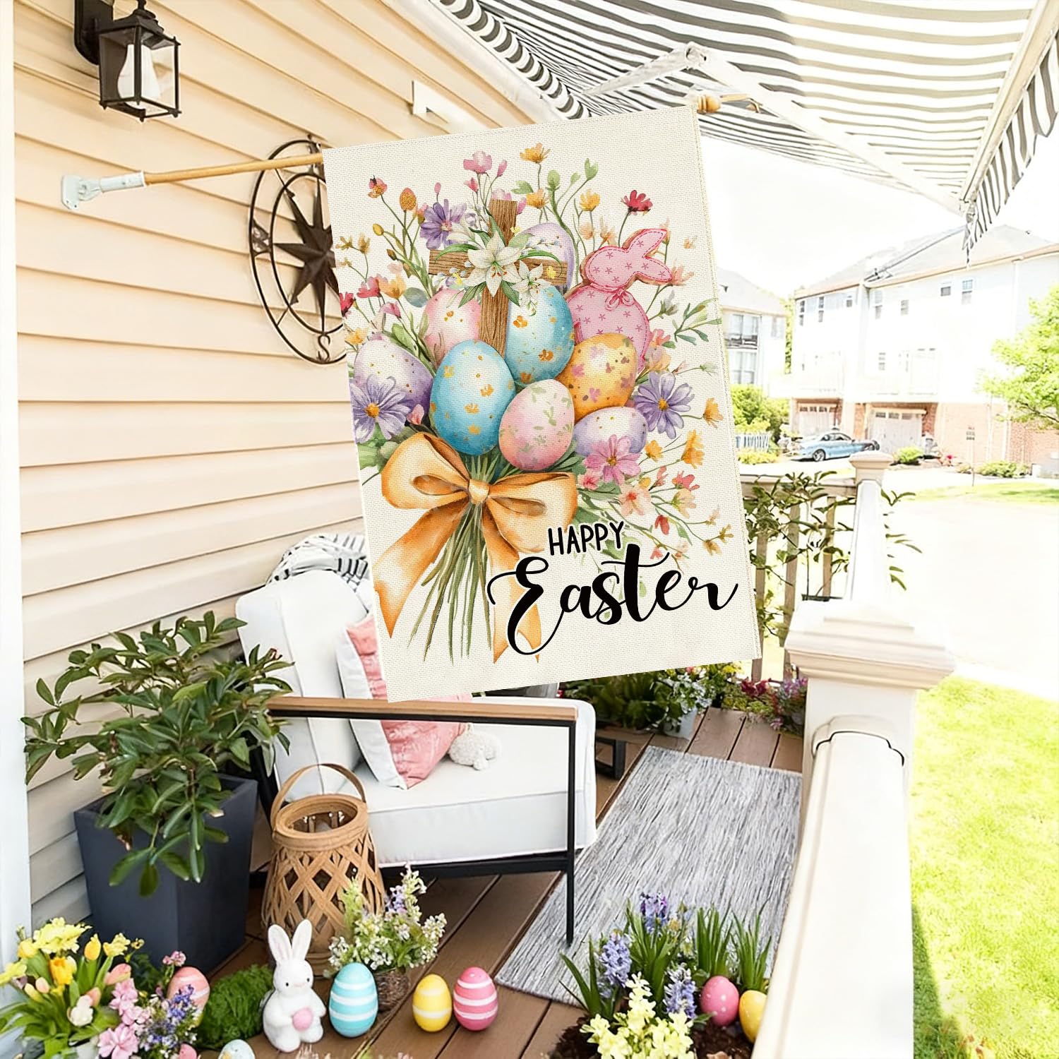 Baccessor welcome-sign Easter flag enhances entryways.