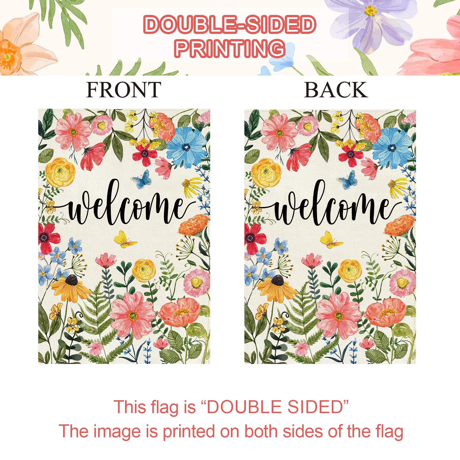Baccessor welcome wildflower flag green leaf enhances curb appeal with vibrant detail.