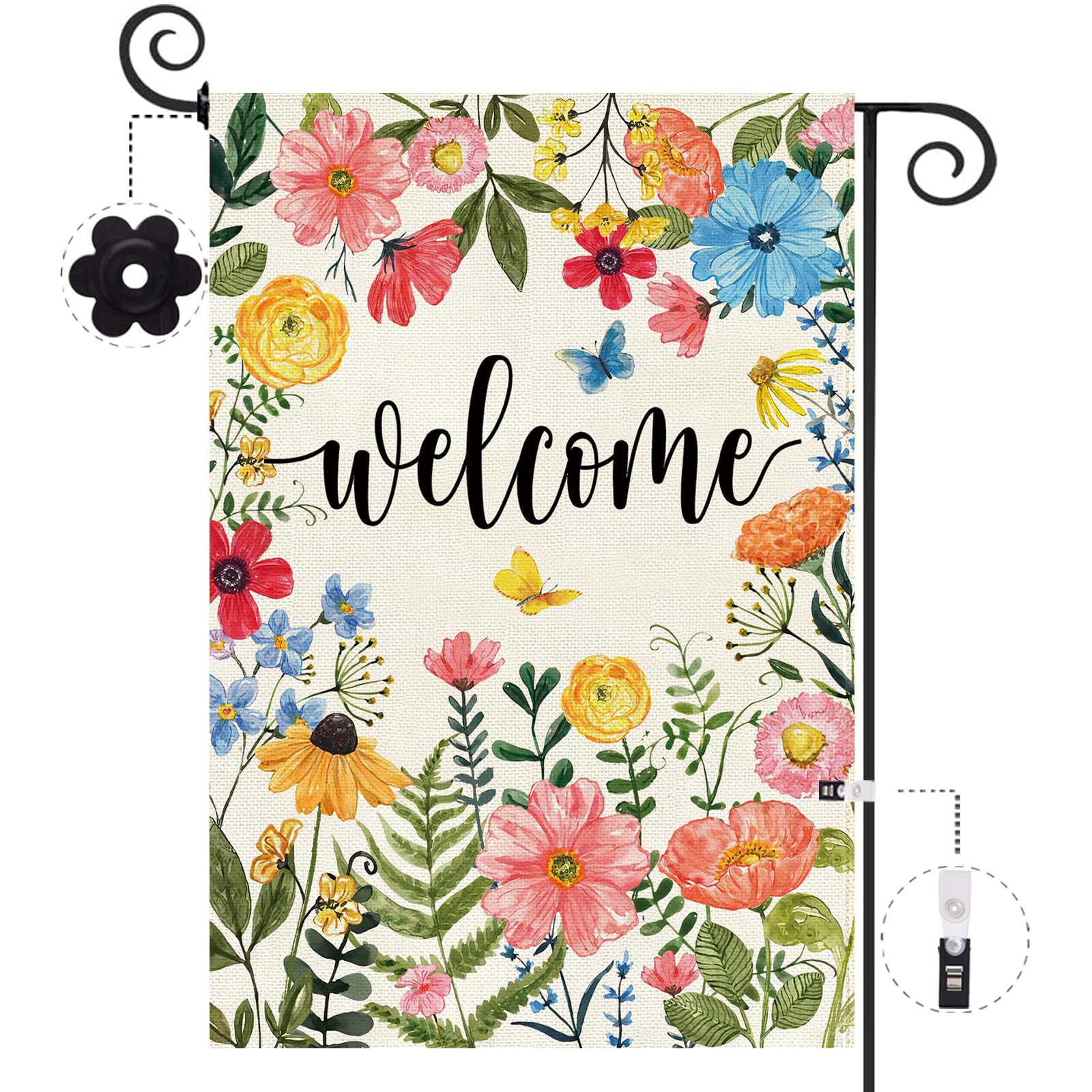 Baccessor welcome wildflower flag pink flower greets guests warmly in the garden.