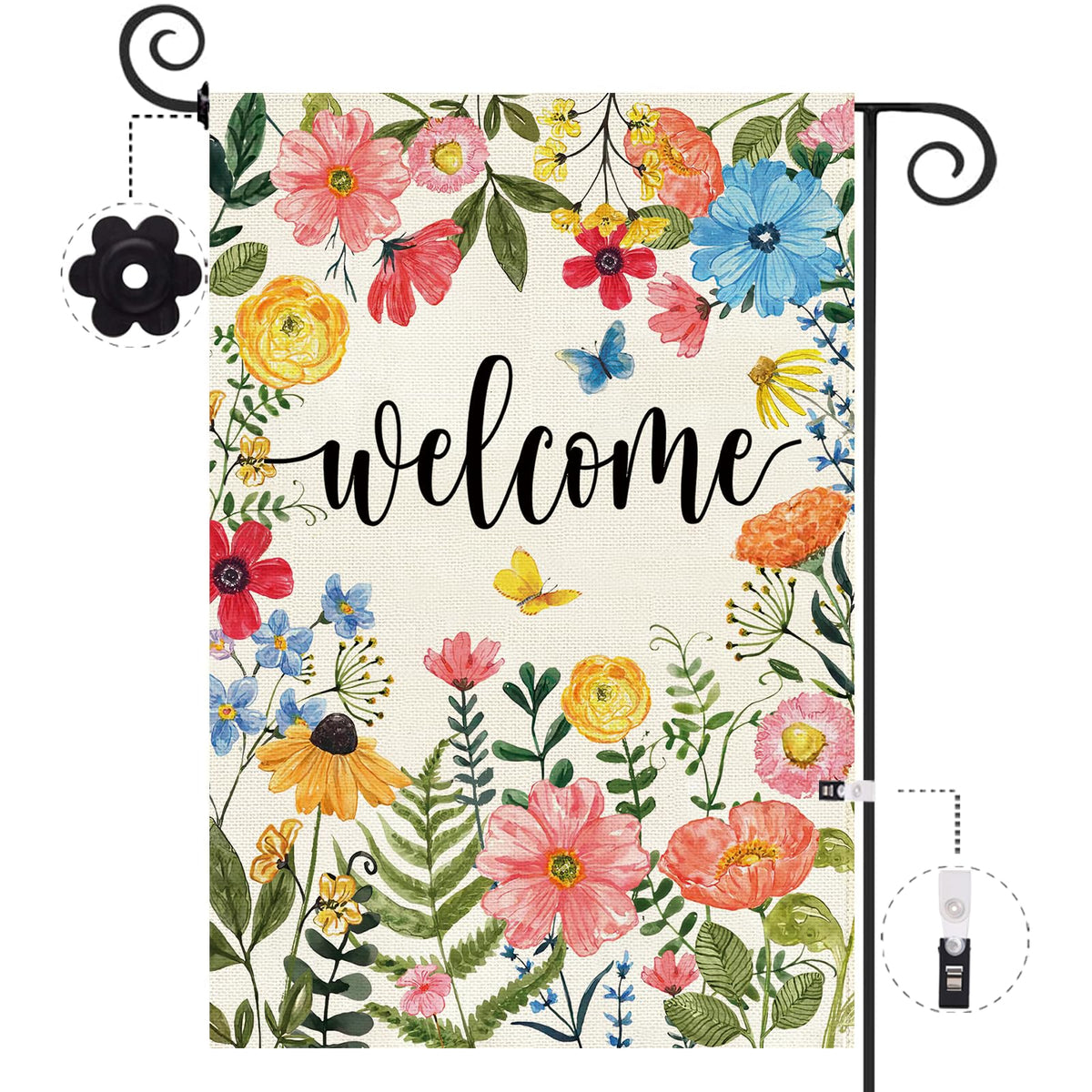 Baccessor welcome wildflower flag pink flower greets guests warmly in the garden.