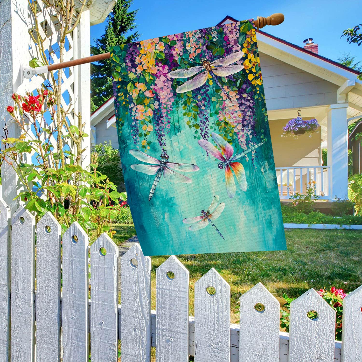 Baccessor Wisteria Dragonfly Flowers welcome flag 28x40, weather-ready for outdoor display.