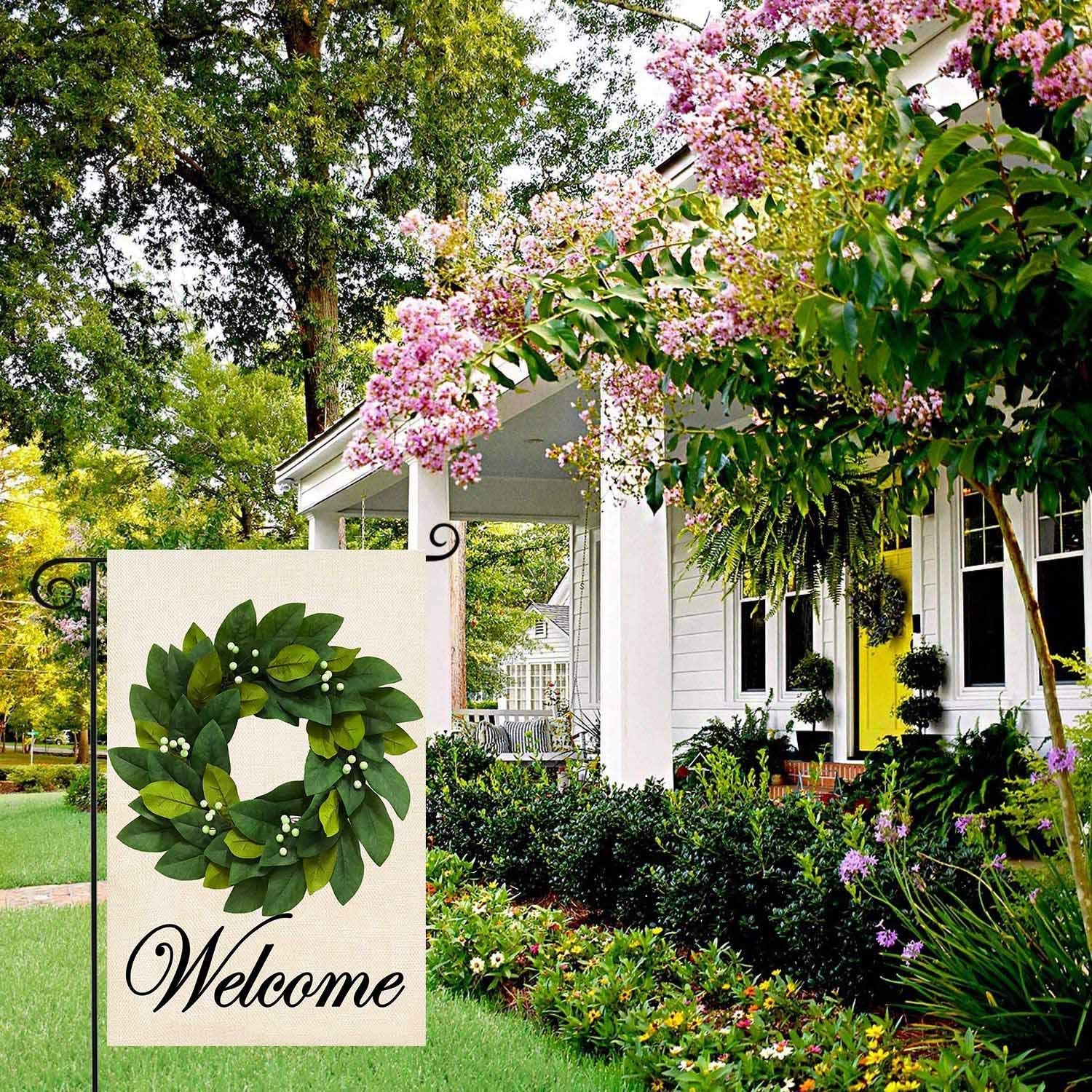 Baccessor Wreath spring garden flag text readable from both sides for two-way visibility.
