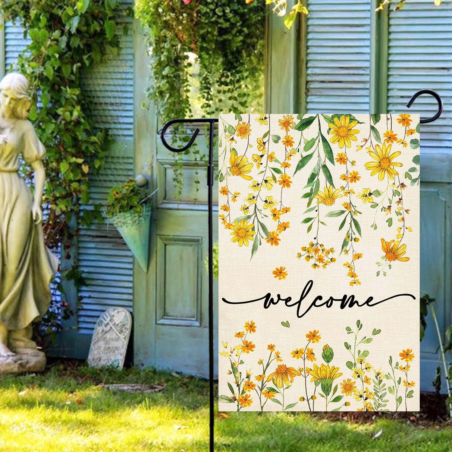 Yellow daisy garden flag adds cheerful curb appeal.