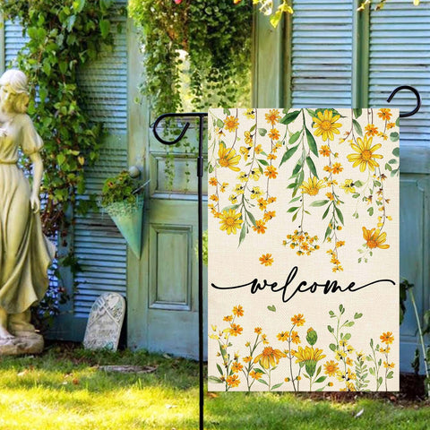 Yellow daisy garden flag adds cheerful curb appeal.