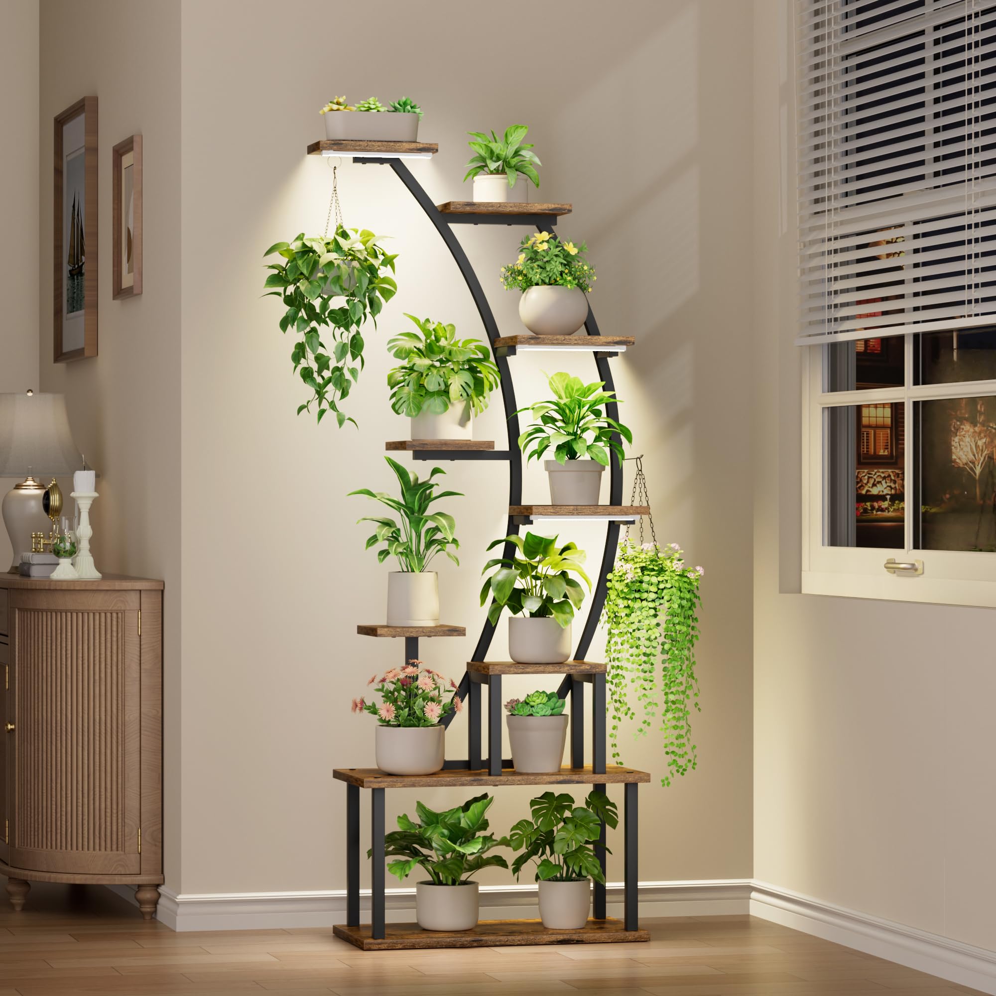 BACEKOLL 63-inch plant stand front view with grow lights, promoting even coverage across levels.