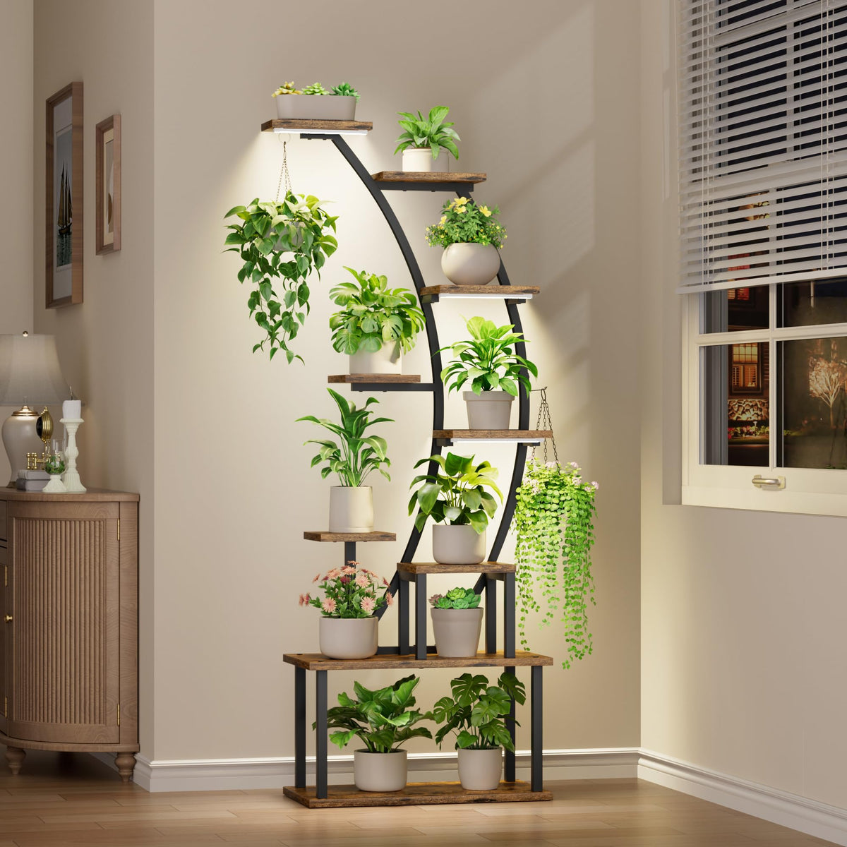 BACEKOLL 63-inch plant stand front view with grow lights, promoting even coverage across levels.