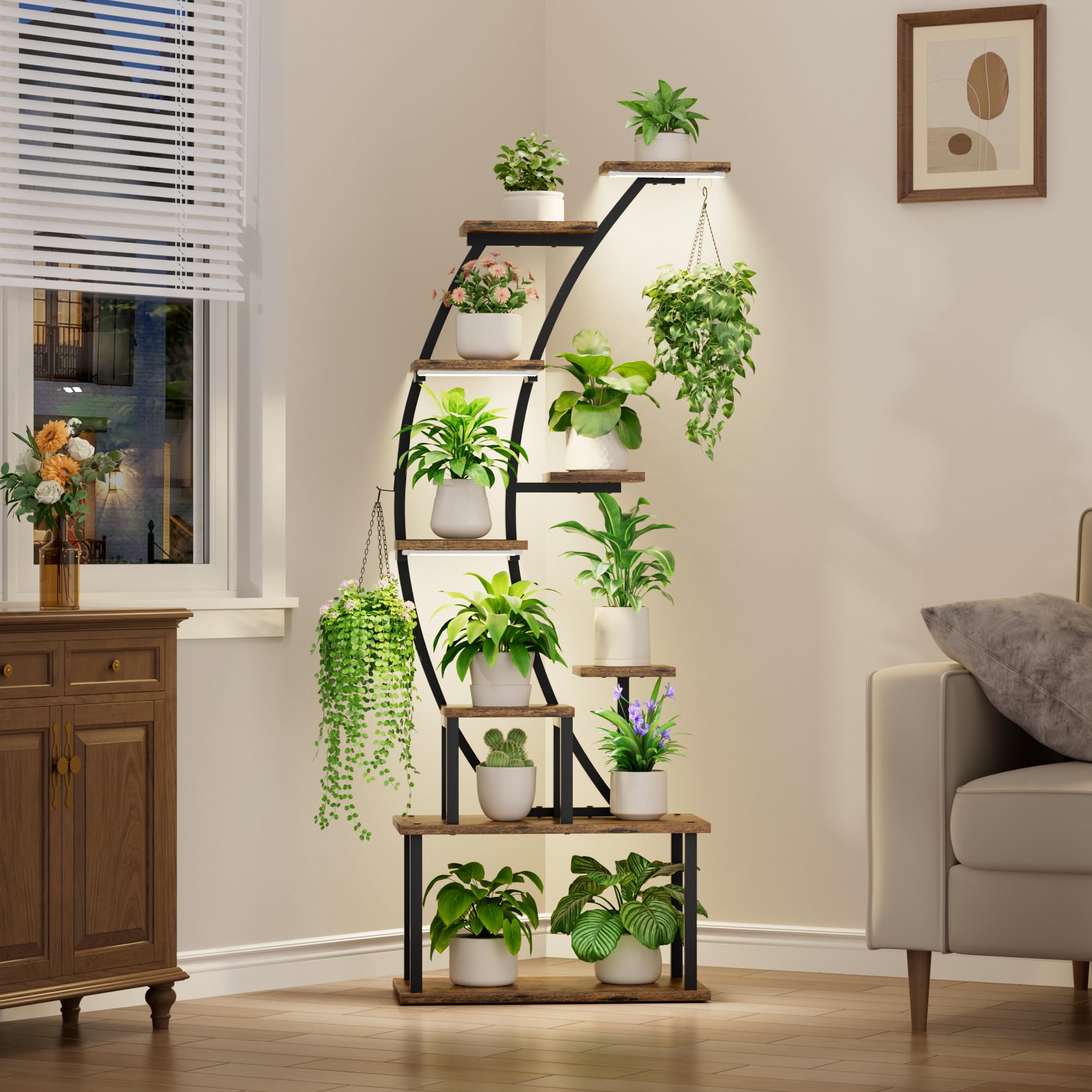 BACEKOLL 9-tier shelf side view saving space while displaying greenery and decor.
