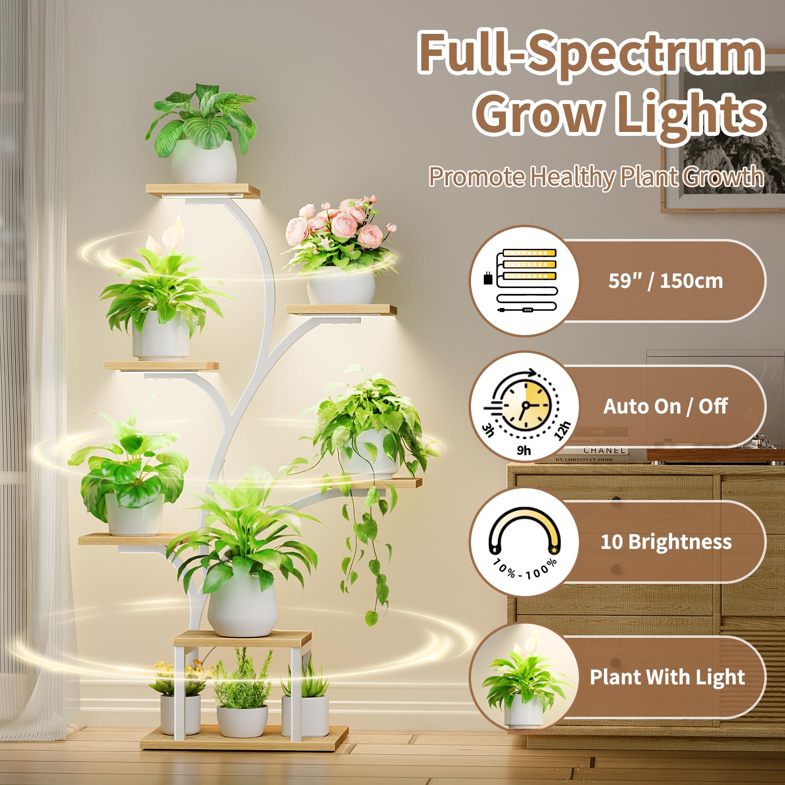 BACEKOLL grow light settings with brightness controls for indoor plants.
