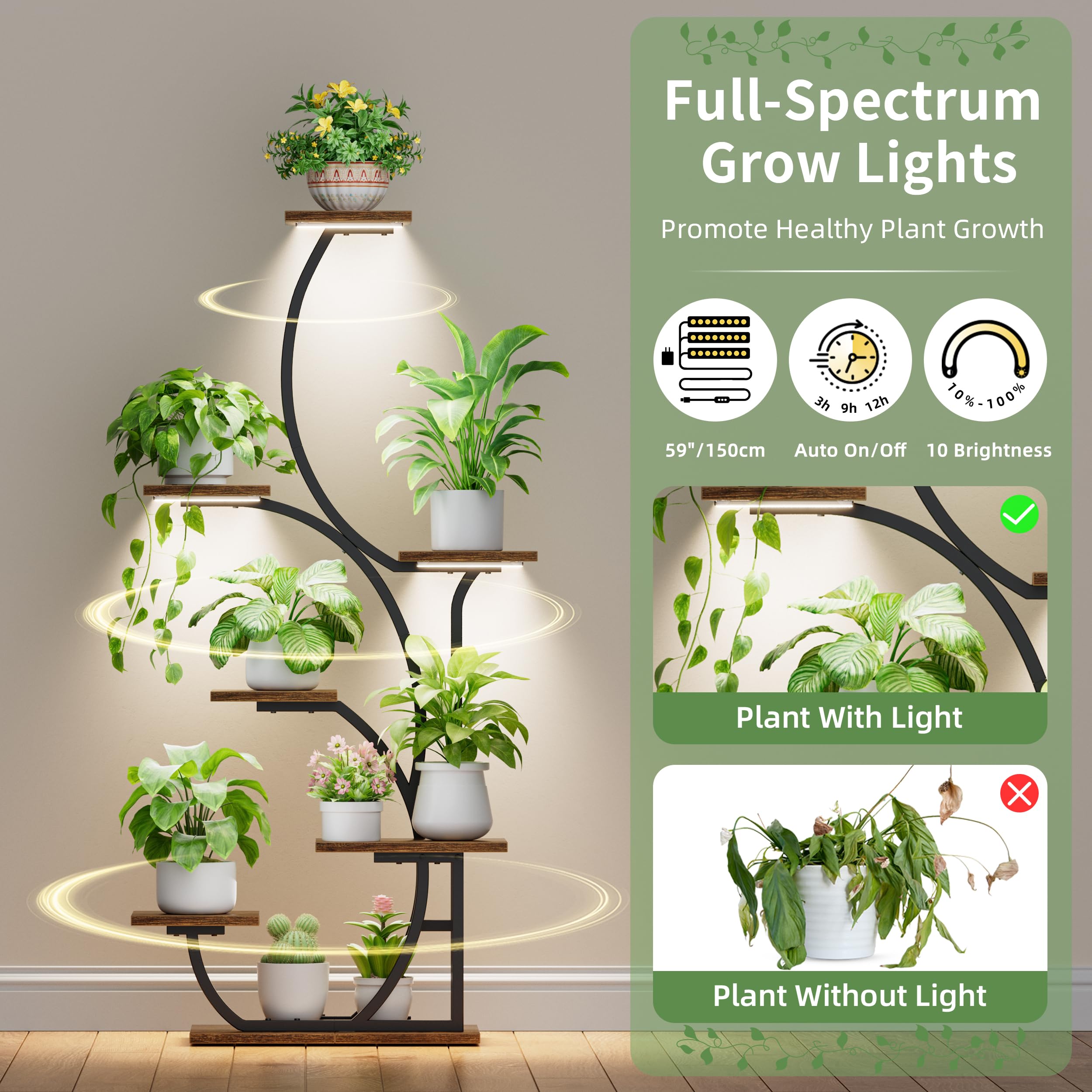 BACEKOLL grow lights illuminate a lush indoor garden on the stand.