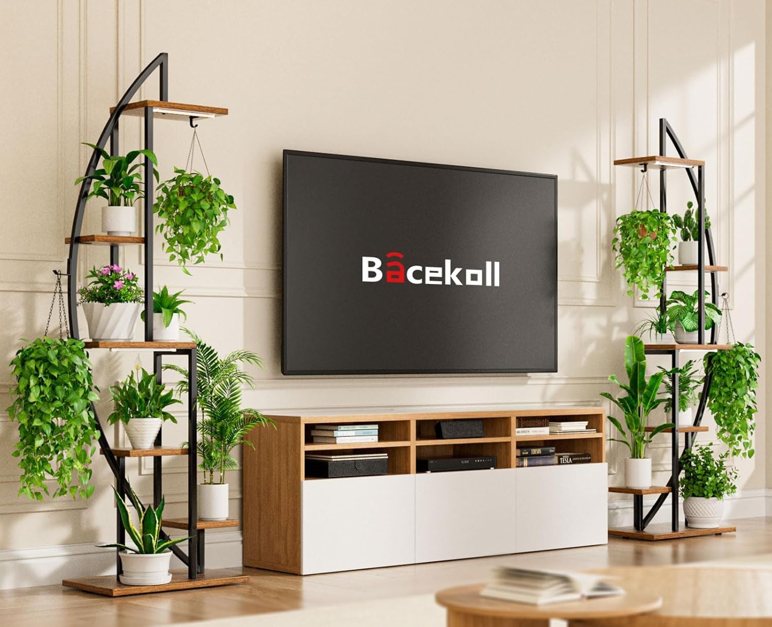 BACEKOLL half-moon indoor rack displays multiple plants with curved design.
