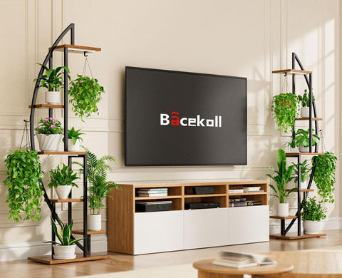 BACEKOLL half-moon indoor rack displays multiple plants with curved design.