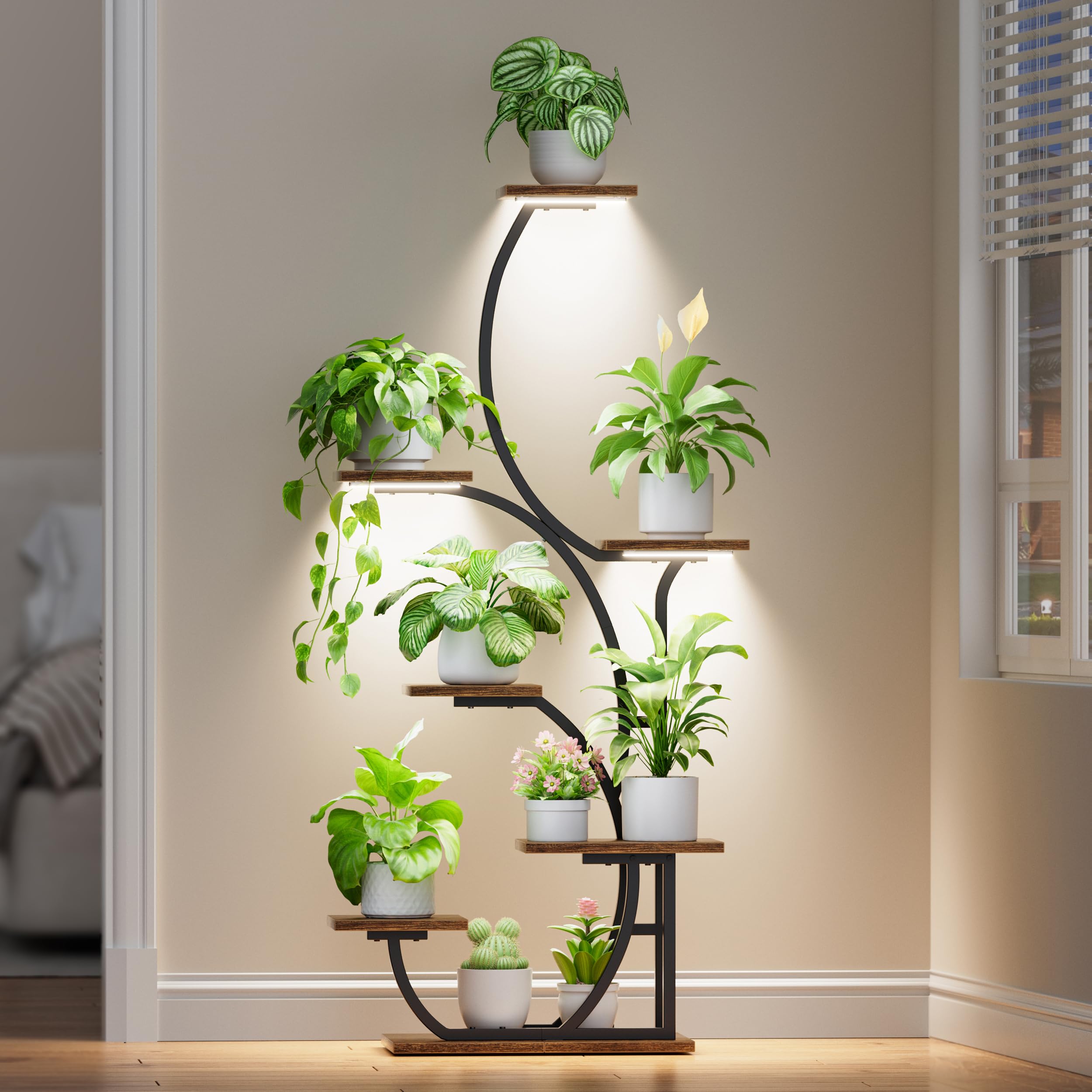 BACEKOLL lighted plant stand 57‑inch corner view showcasing organized indoor greenery for thriving plants.