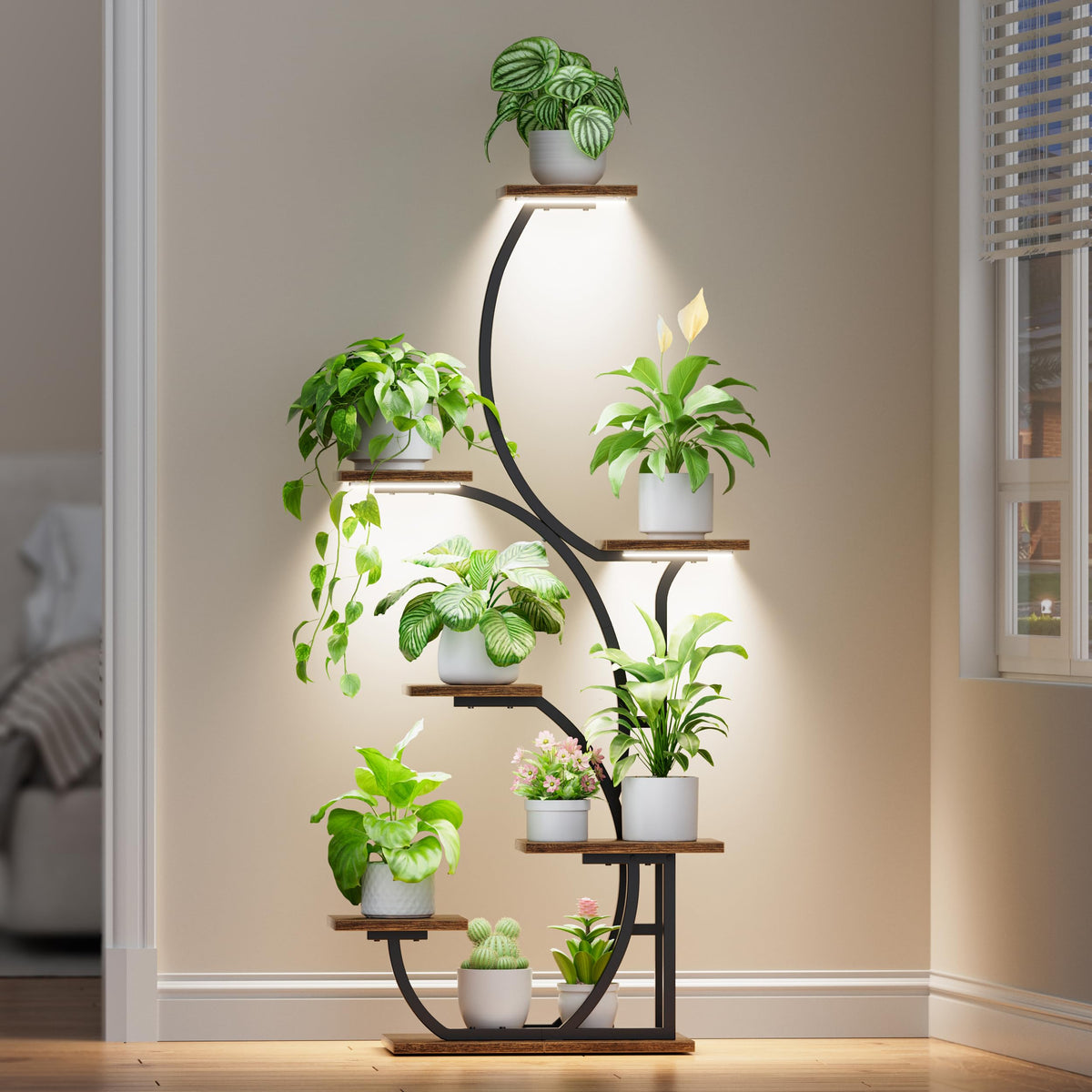 BACEKOLL lighted plant stand 57‑inch corner view showcasing organized indoor greenery for thriving plants.