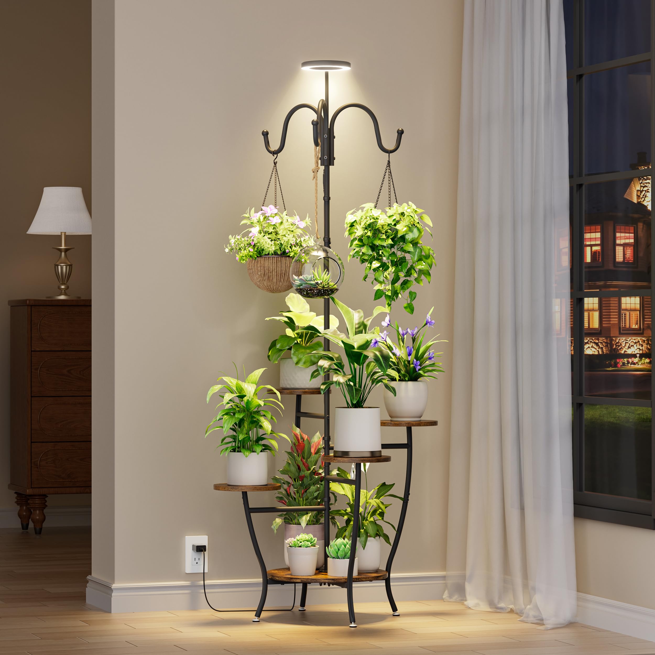 BACEKOLL plant stand with three hangers displays plants and vines with organized vertical space.