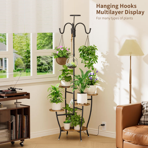 BACEKOLL plant stand corner assembly showing iron frame and wooden shelves for stability.
