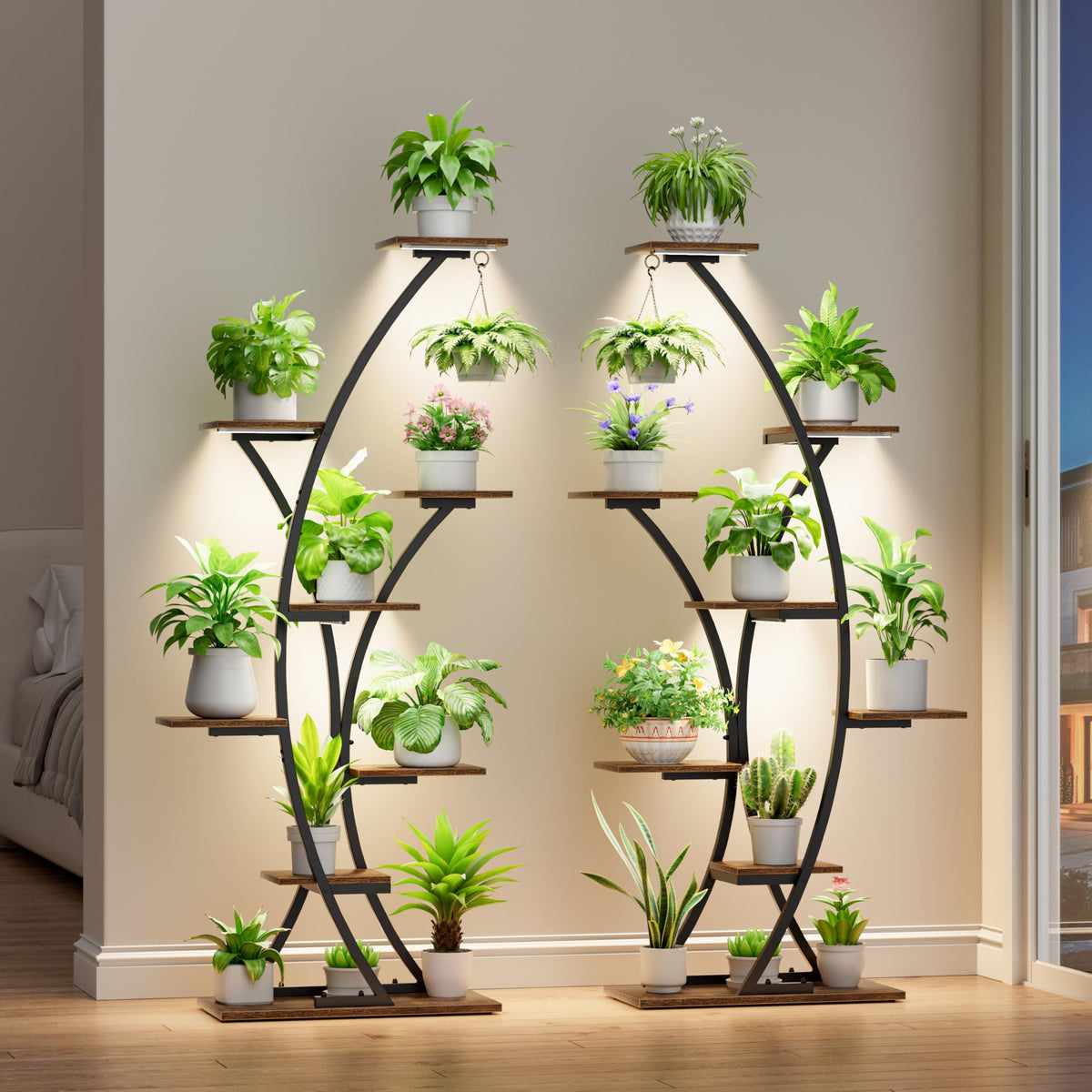 BACEKOLL plant stand with grow lights enhancing indoor gardening in a living room