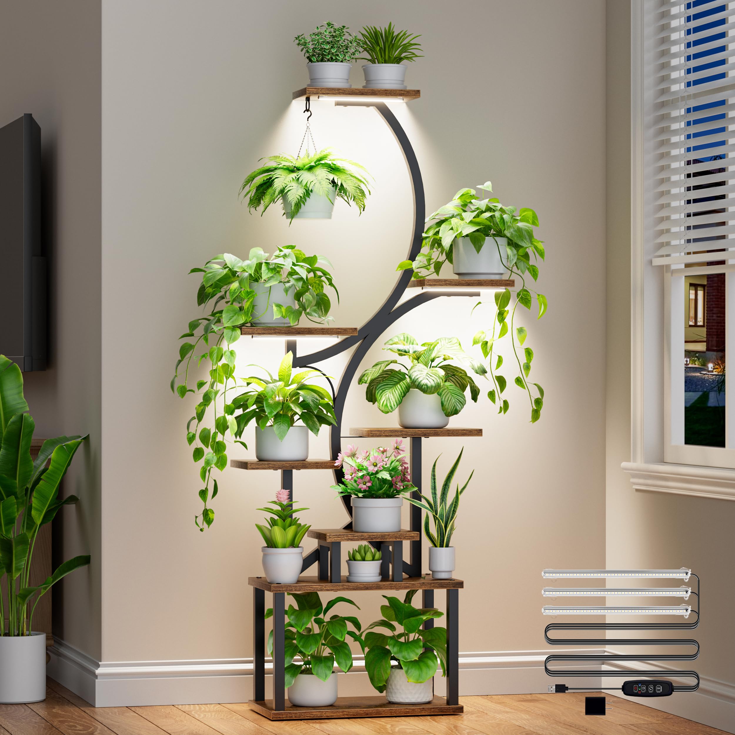 BACEKOLL plant stand with 3-head grow lights promoting healthy indoor growth