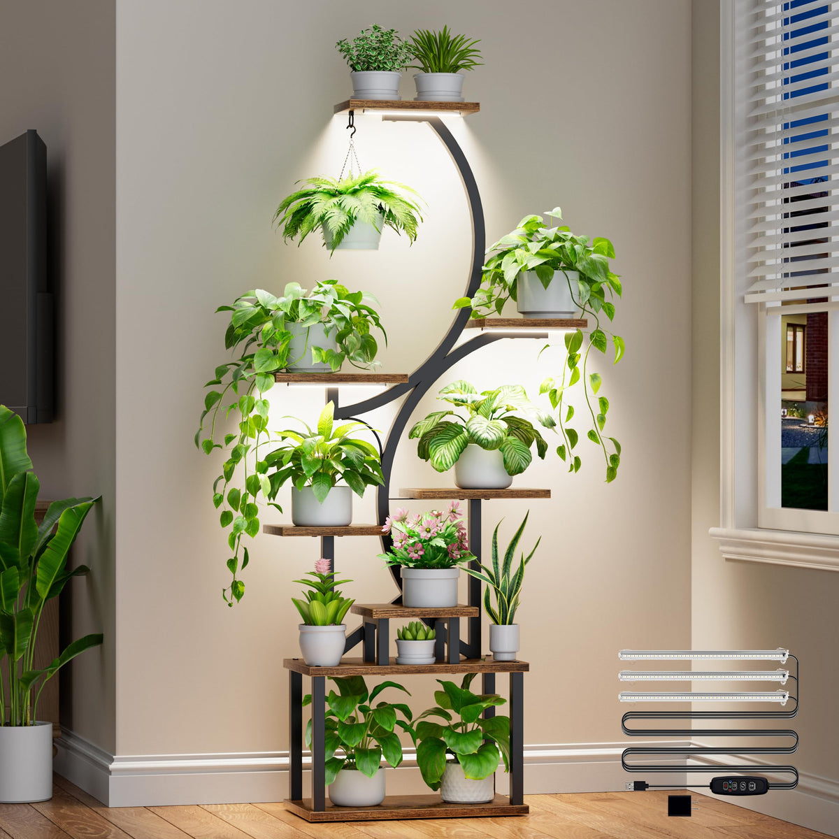 BACEKOLL plant stand with 3-head grow lights promoting healthy indoor growth