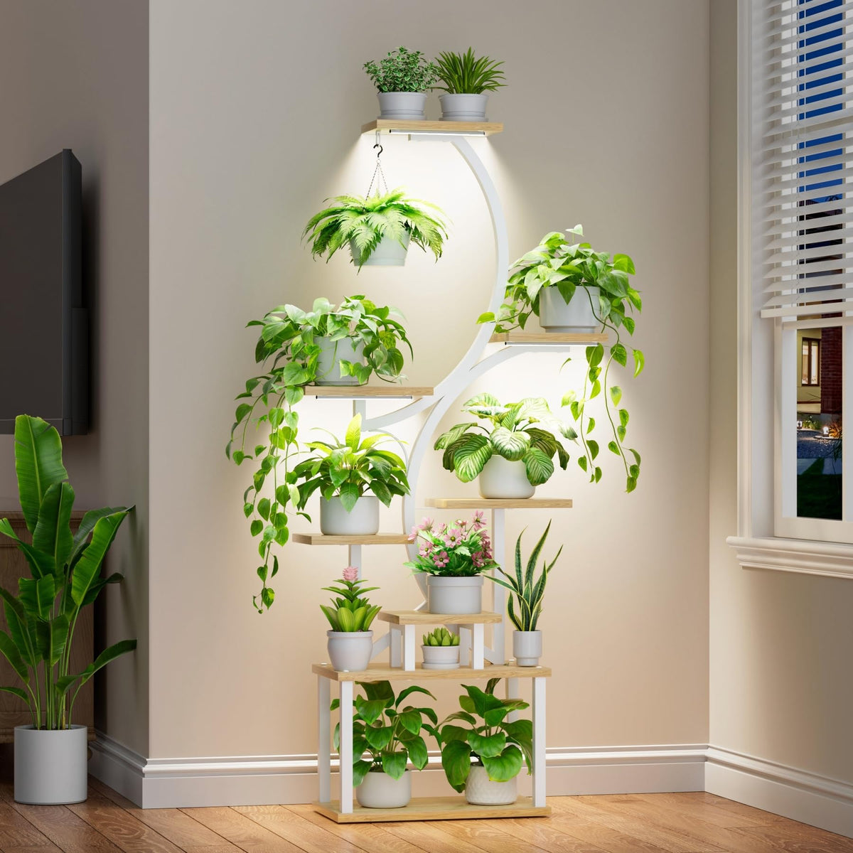 BACEKOLL plant stand with grow lights enabling multi-level indoor growth