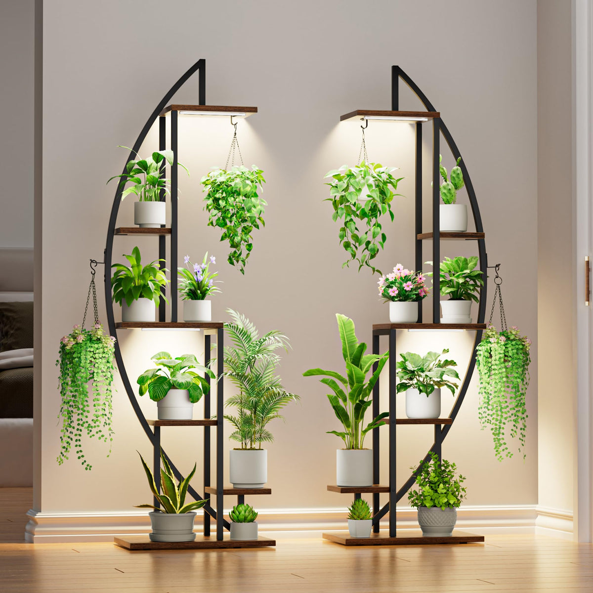 BACEKOLL plant stand with dual-head lights for indoor growth across tiers.