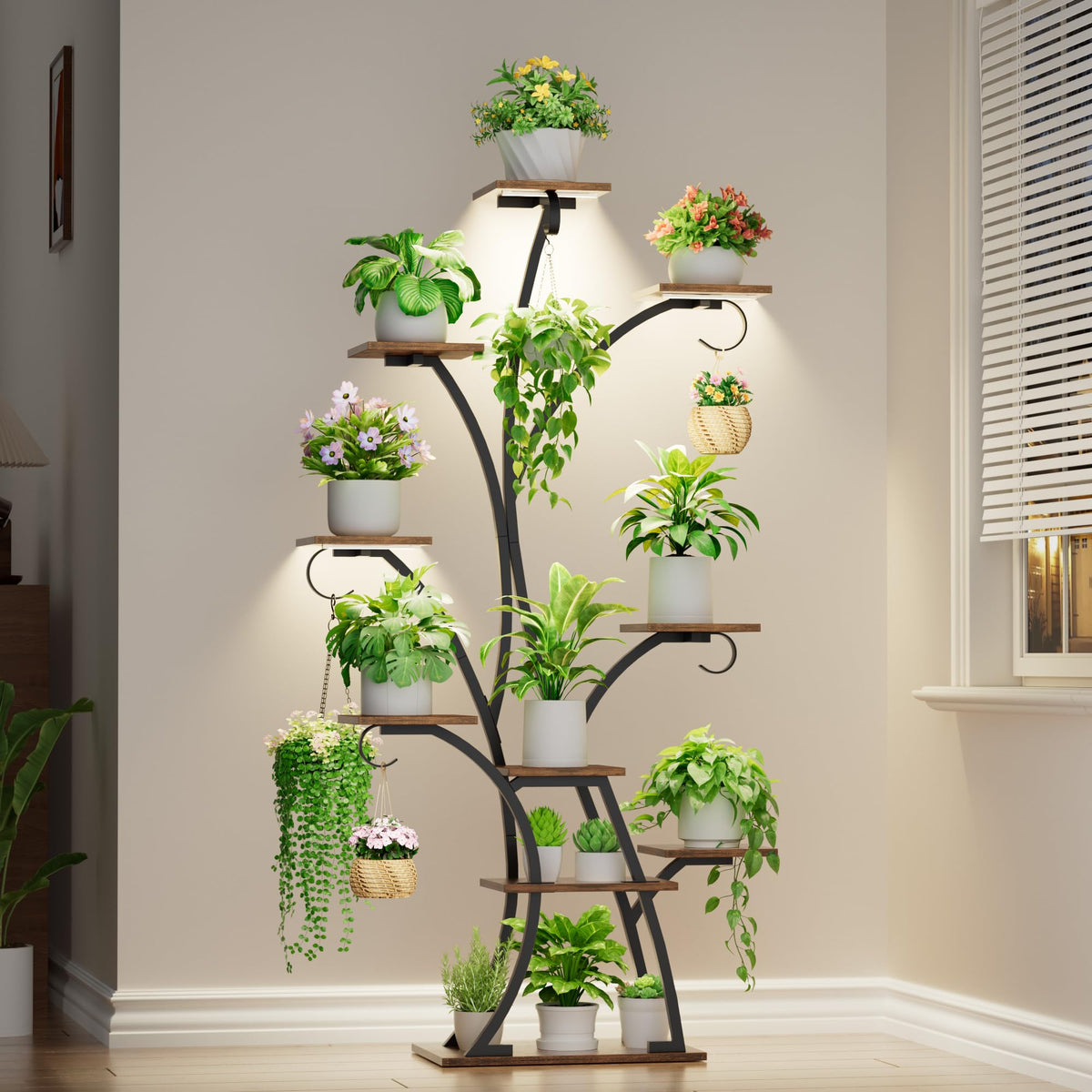 BACEKOLL plant stand with grow lights, front view, ideal for indoor gardening and display.