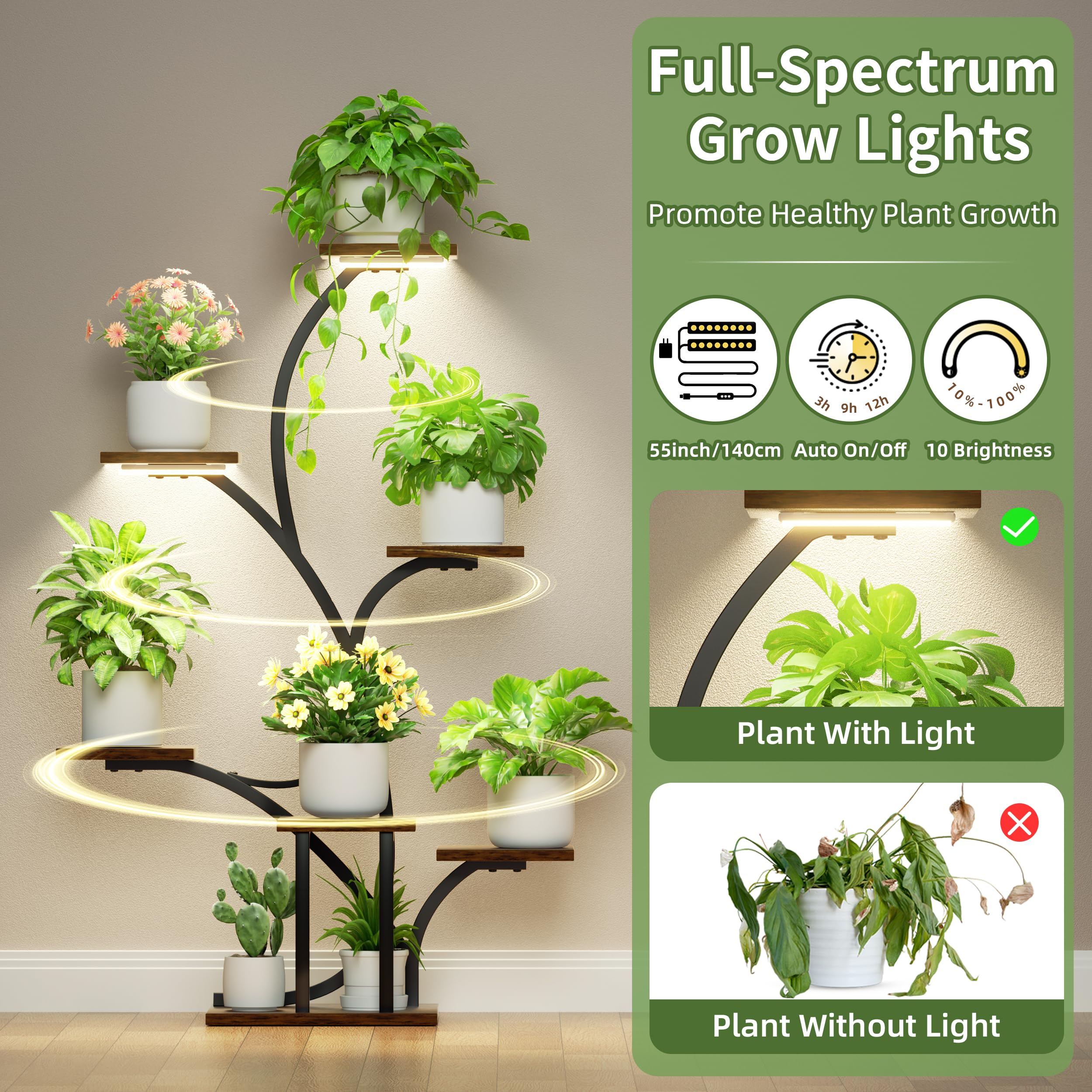 BACEKOLL seven-tier indoor garden setup with built-in lights for lush foliage.
