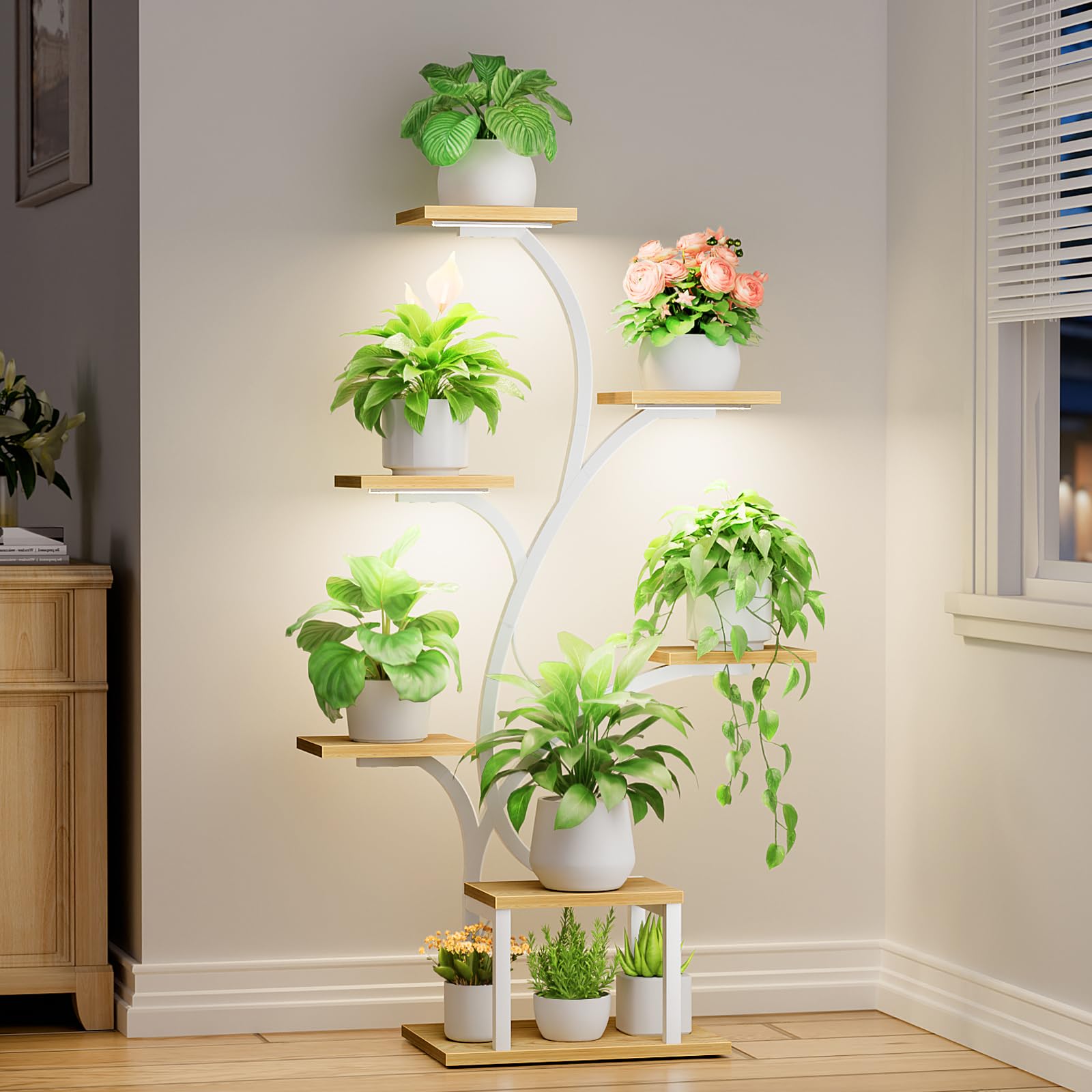 BACEKOLL tree-shaped plant stand with grow lights, front view, ideal for space-saving indoor display.