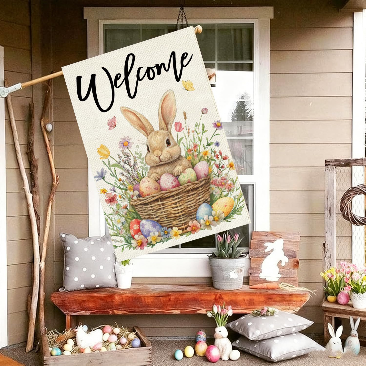 Baccessor Easter design with eggs and tulips, ideal for porch or garden.